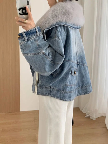 Winter Thickened Short Denim Jacket Fashion  Parkas Jeans Jacket Luxury Fur Coat Removable Fur Collar Cotton Jacket New