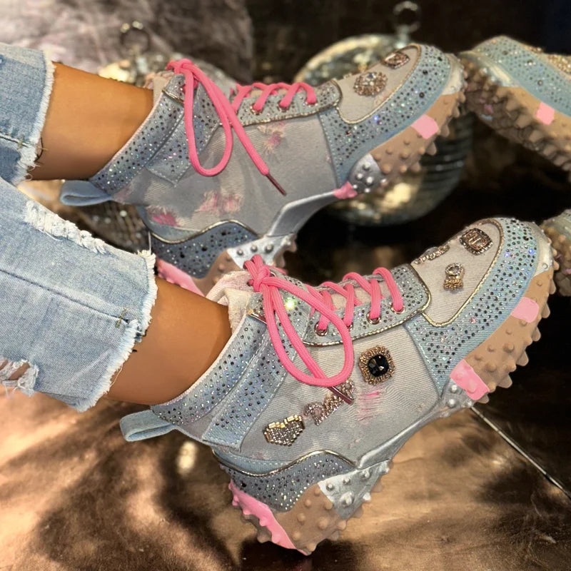 Women Rhinestone Casual Luxury Sneakers Diamond High-Top Designer Boots Thick Bottom Shoes Female Tennis Outdoors Walking Shoes