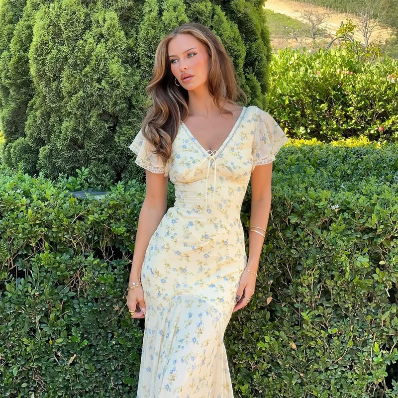Fashion V-neck Floral Women Maxi Dress Flutter Sleeve Lace Trim High Waist Chiffon Vestidos Summer Female Daily Vacation Dresses