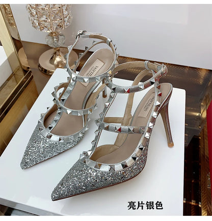 Women's Gladiator sandals Summer 2026 Luxury With Ankle Strap Pointed Toe Fashion Rivet High Heels Party Ladies Shoes Women 10cm