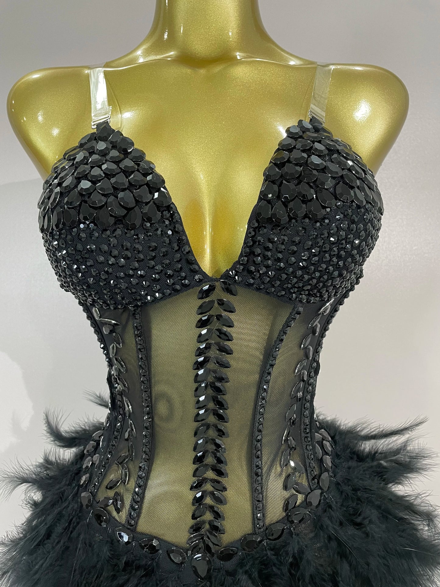 Sparkly Rhinestones Feathers Long Tail Bodysuits Sexy Mesh Transparent Stage Dress Evening Party Celebrate Luxury Birthday Dress