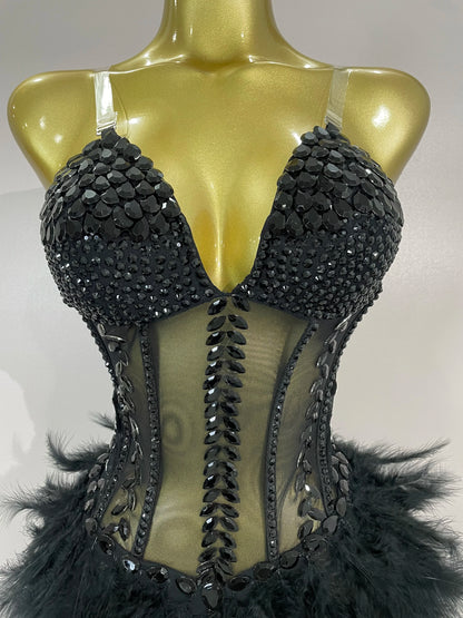 Sparkly Rhinestones Feathers Long Tail Bodysuits Sexy Mesh Transparent Stage Dress Evening Party Celebrate Luxury Birthday Dress