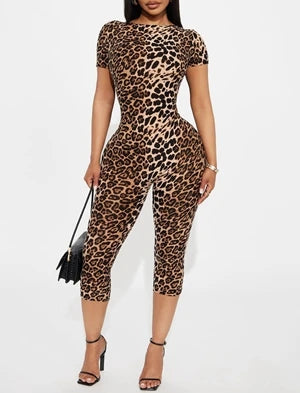 STYLISH LADY Leopard Printed Calf Length Jumpsuits 2025 Summer Women Short Sleeve O Neck Bodycon Sexy Club Party Street Overalls