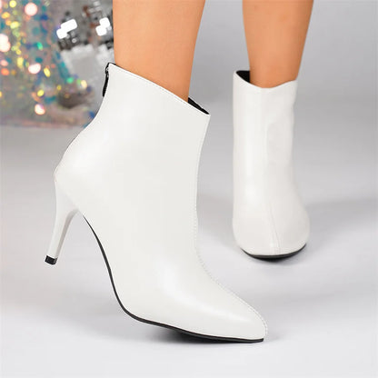 New Winter Soft PU Leather Women Ankle Boots Pointy Toe Side Zipper High Heels Stiletto Shoes Black Sexy Ladies Work Boots Party