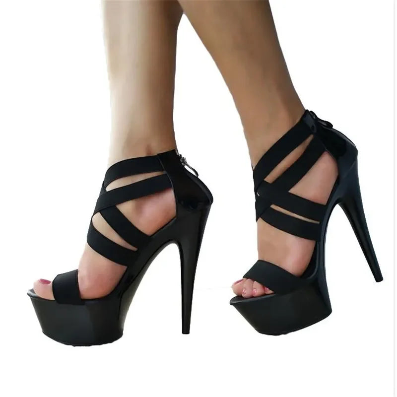 Elegant Exegang Office Lady Sandals Cross Strap Sandalia Nightclub Womam Sandals 15cm Spike Heels Para Mujer Plus:35-42 43 Pumps