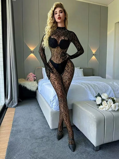 Women Sexy Leopard Hollow Out Mesh Bodystocking Fishnet Lingerie Long Sleeve See Through Bodysuit Jumpsuit Nightwear SIMPLEJEWEL