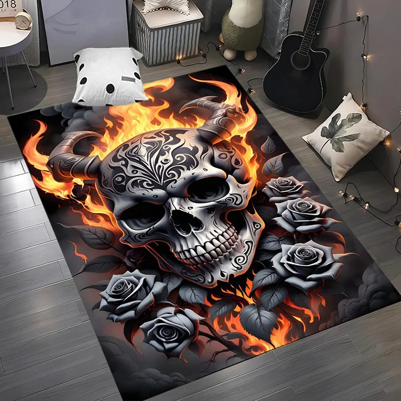 Black Skull Non Slip Rug, Stylish Floor Mat, Perfect for Patio Garden Bedroom Living Room, Gothic Home Decor Accent