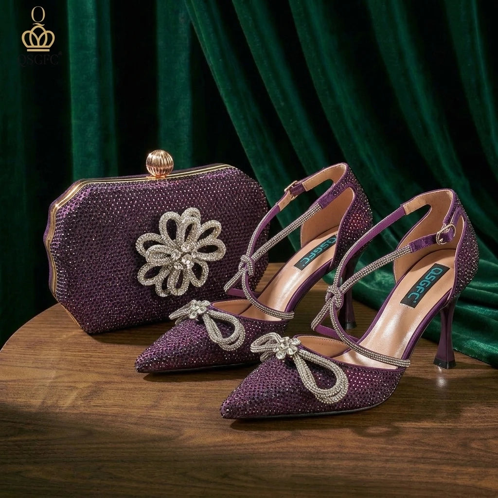 QSGFC Latest Party Women's Shoes and Bags Set Pointed Toe High Heels Full Upper Inlaid D.Purple Color Rhinestones