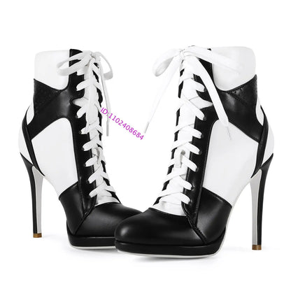 Women High Heel Black White Sports Ankle Boots Slim High Heel Lace Up High Top Sport Boots Plus Size 43