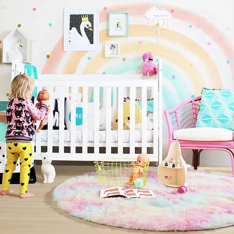 60/80/100/120/140/160 Round Rug Rainbow Fluffy Soft Area Rugs for Kids Girls Room Plush Shag Carpet Cute Circle Bedroom Decor
