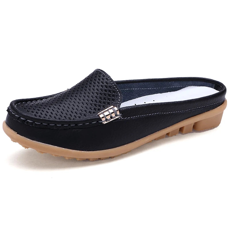 Women Casual Shoes Hollow Out Lady Half Lofers Genuine Leather Flats Moccasins Women Luxury Brand Half Slippers Zapatillas Mujer