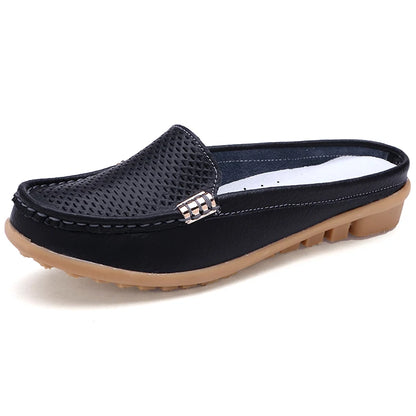 Women Casual Shoes Hollow Out Lady Half Lofers Genuine Leather Flats Moccasins Women Luxury Brand Half Slippers Zapatillas Mujer