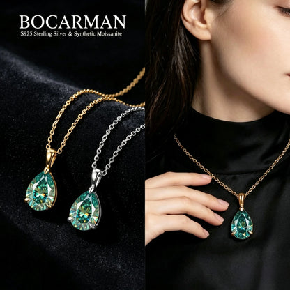 Bocarman Colorful Pear Moissanite Pendant on S925 Silver Chain GRA Iridescent Teardrop Whimsical Enchanting Gift