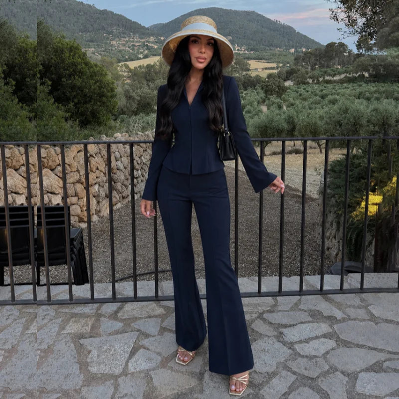 Womenn's 2 Piece Outfits Lapel Flare Long Sleeve Peplum Top High Waist Flared Pants Set Office Matching Suit Lady Cozy Wear Set