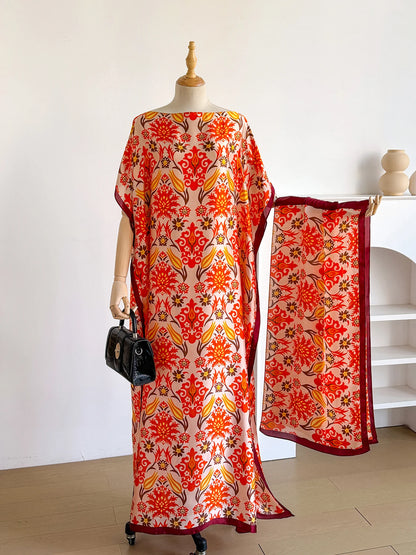 New 2026 African Women Dashiki Boho Print Maxi Dress Free Size Design with Scarf Loose Elegant Muslim Dubai Style