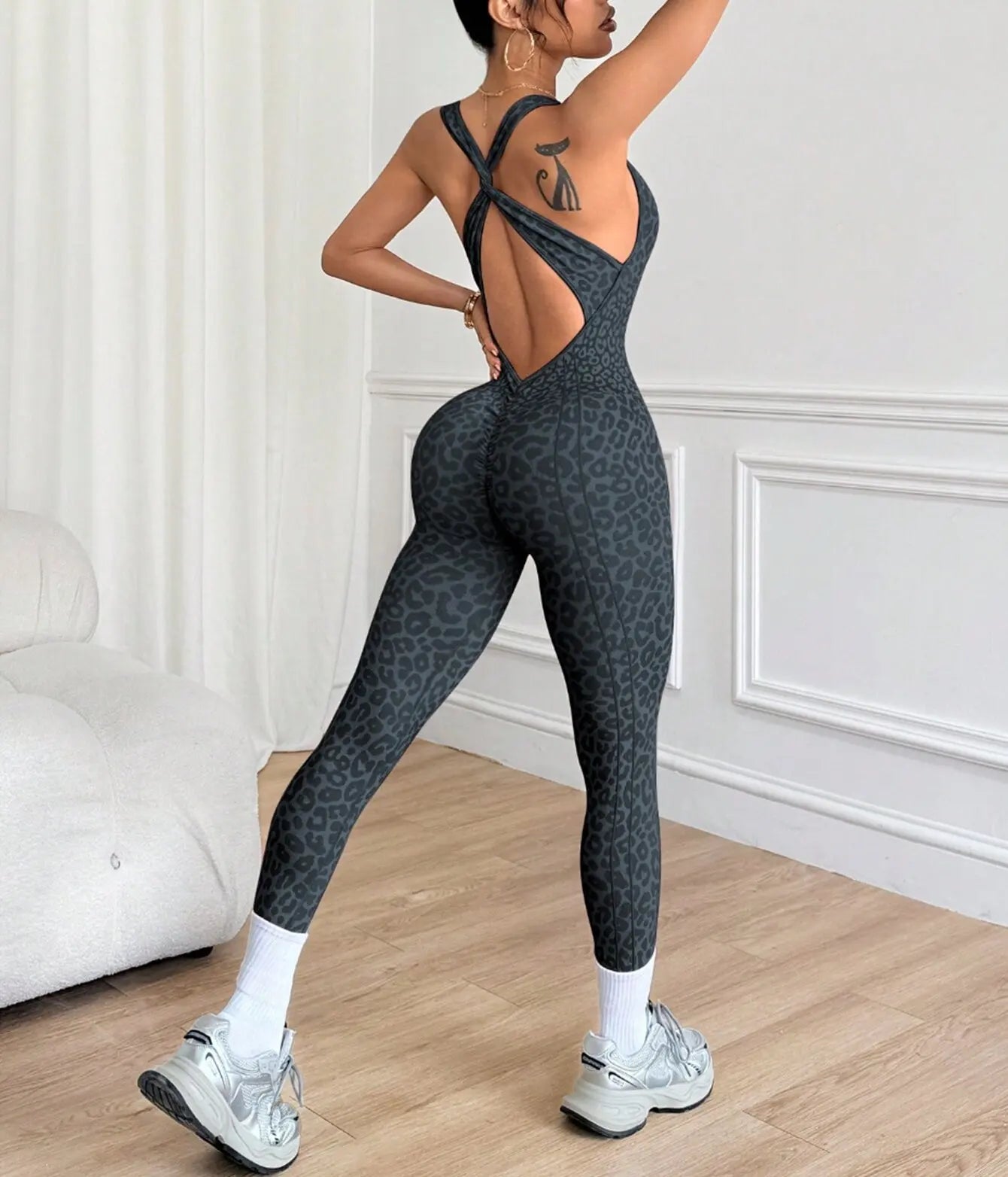 Women Sports Jumpsuits Leopard Deep V Bandage One Piece Yoga Pants Scrunch Workout Fitness Gym Training Athletic Tights Suits