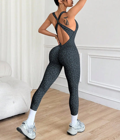 Women Sports Jumpsuits Leopard Deep V Bandage One Piece Yoga Pants Scrunch Workout Fitness Gym Training Athletic Tights Suits