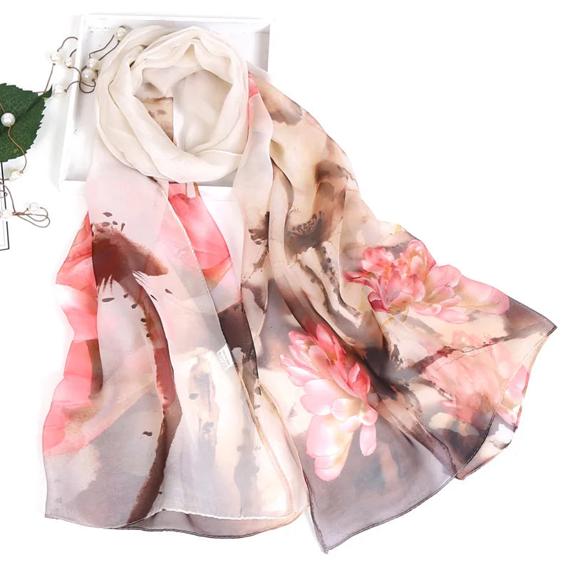 Ink Painting Lotus Summer Beach Sun Protection Chiffon Georgette Scarf Women Foulard Shawl Bandana Elegant Thin Breathable