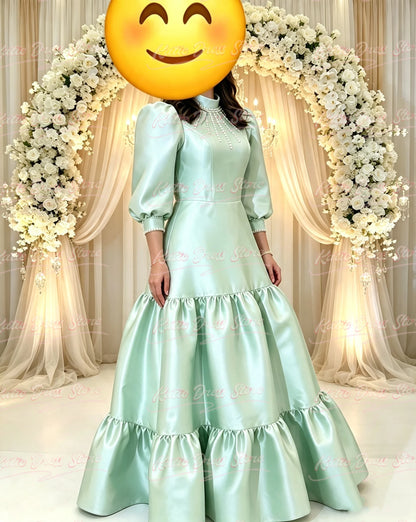 Satin Bridesmaid Dress For Women Balloon Sleeve A-line High Neck WIth Pearls Birthday Party Evening Ball Gown Customized