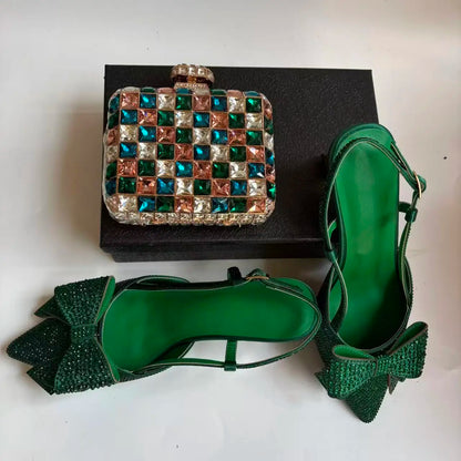 Insightlink Green Crystal High Heel with Bag Set for Bridal Wedding Party Designer Pointed Toe and Clutch Luxury Sandal Handbag