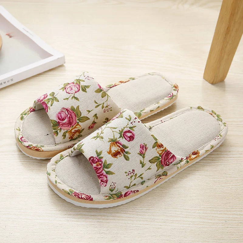 Four Season Linen Home Slippers Women Autumn Indoor Casual Floral Slides Couples House Non-slip Sandals Adults Cartoon Cat Shoes