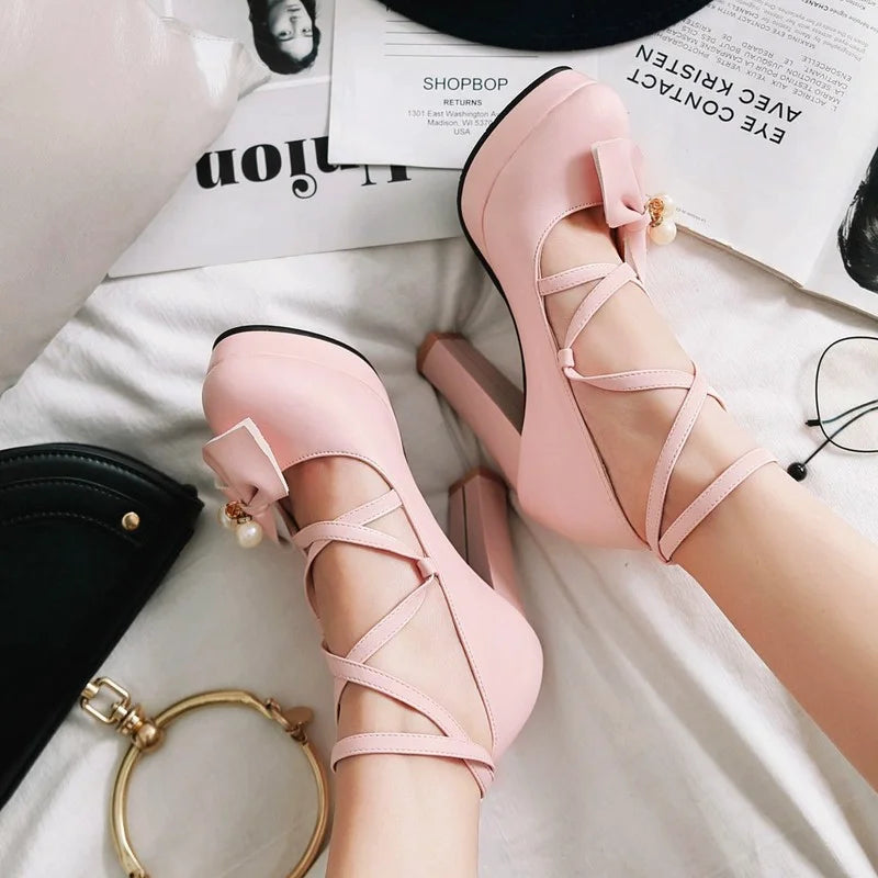 Women Pumps Wedding Shoes Mary Jane Party Ankle Strap Pumps Platform Ladies Shoes Thick Heeled Black Beige Working Shoes