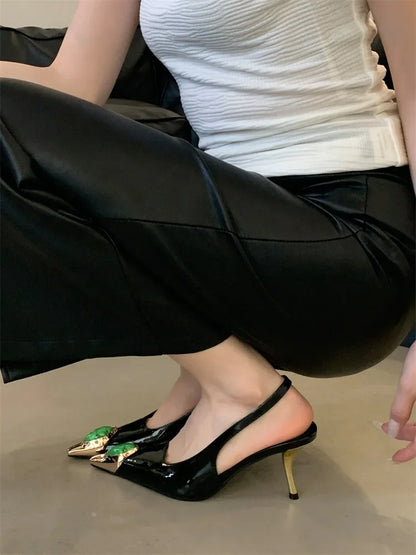 Aneikeh Street Style Design Metal Square Head Diamonds Woman Pumps Sandals Elegant Sexy Low-heel Banquet Prom Slingbacks Shoes