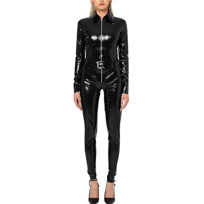 Plus Size Faux Latex Catsuit Elastic PVC Leather Zipper Long Sleeve Jumpsuit Tight Sexy Cosplay Rompers Ankle-length Club Zentai