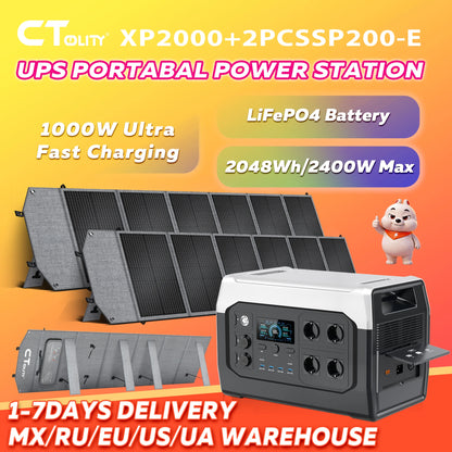CTOLITY XP2000 Power Station 2400W 2048Wh 640000mAh & 2PCS SP200-E 200W Foldable Solar Panel, LiFePO4 Outdoor Emergency Supply