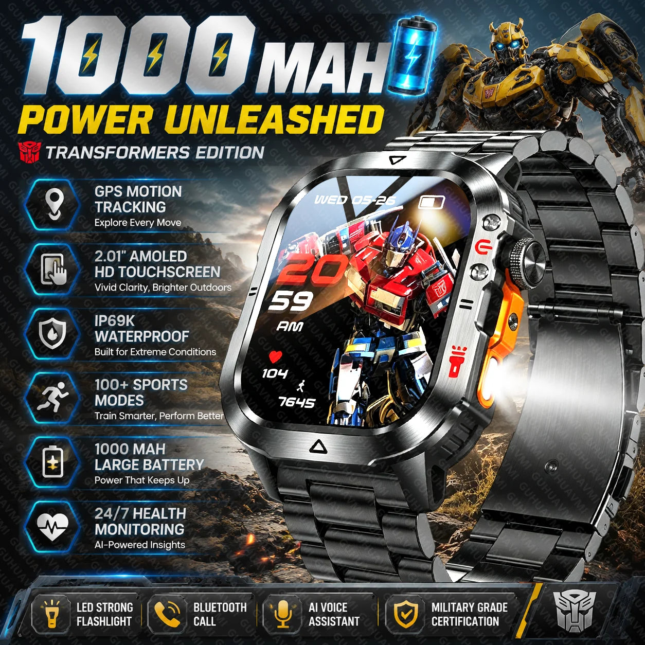 New Custom Co branded Men Transformers Smart Watch Outdoor 100mAh Battery GPS Flashlight BT Call Waterproof Sports Smartwatches