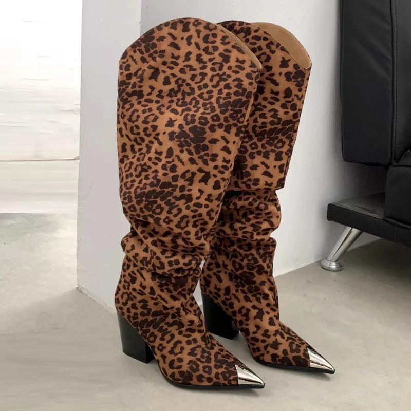ZAROY Punk Metal Pointed Toe Knee High Boots Women Winter Retro Leopard Print Square Low Heels Pleated Western Cowboy Long Botas