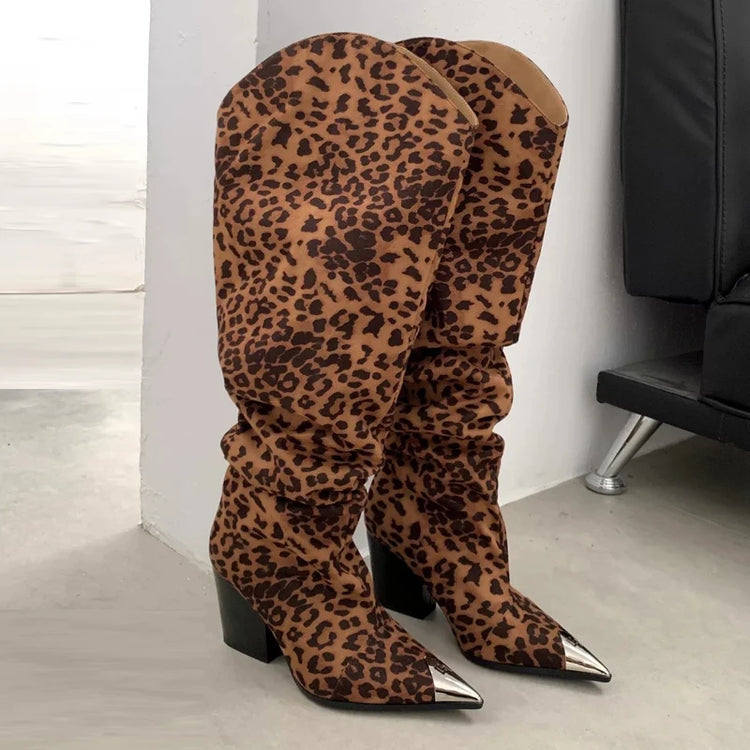 ZAROY Punk Metal Pointed Toe Knee High Boots Women Winter Retro Leopard Print Square Low Heels Pleated Western Cowboy Long Botas