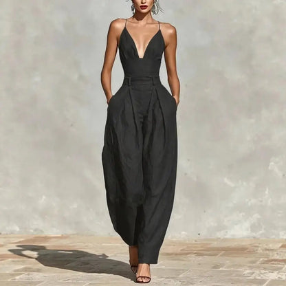 Elegant Sexy V-Neck Spaghetti Strap Jumpsuit Women High Waist Wide Leg Casual Romper Spring Boho Solid Backless Pockets Overalls