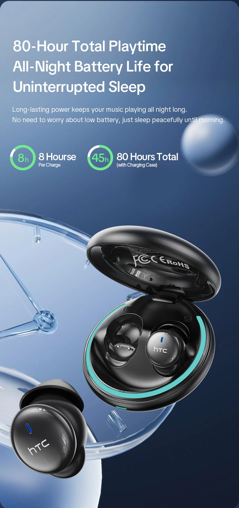 HTC NE92 Sleep Earbuds Wireless Bluetooth Earphones Comfortable To Wear Headphones 50Hrs Playback Low Latency Clear Sound Qualit