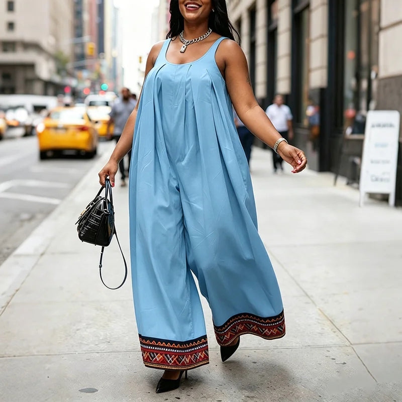 Plus Size VONDA 2026 Women Jumpsuits Sleeveless Patchwork Party Rompers Summer Beach Overalls Loose Bohemian Wide Leg Bottoms