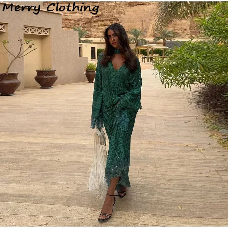 Elegant Tassel Hem Maxi Dress Women V-neck Long Sleeve with Scarf Loose Dresses 2026 NEW Spring Luxury Lady Party Evening Gowns