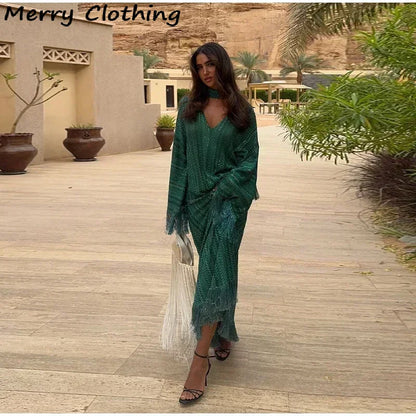 Elegant Tassel Hem Maxi Dress Women V-neck Long Sleeve with Scarf Loose Dresses 2026 NEW Spring Luxury Lady Party Evening Gowns