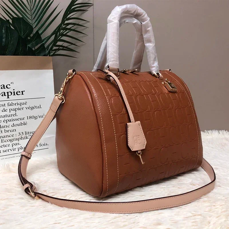 CH Carolina Herrera Boston Bag Women Leather Embossed Logo Shoulder Bag Luxury Travel Handbag Large Capacity