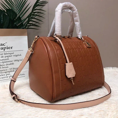 CH Carolina Herrera Boston Bag Women Leather Embossed Logo Shoulder Bag Luxury Travel Handbag Large Capacity