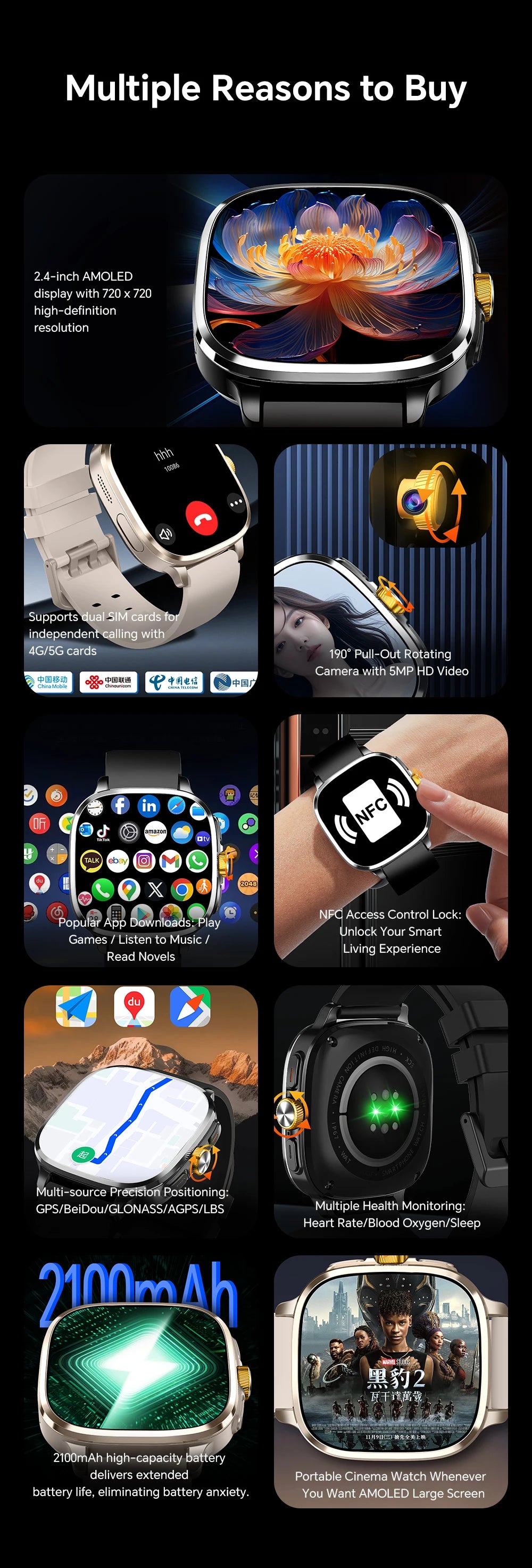 Global Version Smartwatch 2.4 inch Amoled Screen insert Sim Card GPS WIFI 190° Rotating Camera Game Android 13.0 Smart Watch