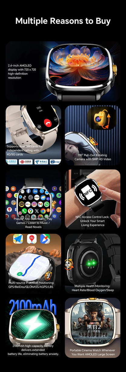 Global Version Smartwatch 2.4 inch Amoled Screen insert Sim Card GPS WIFI 190° Rotating Camera Game Android 13.0 Smart Watch