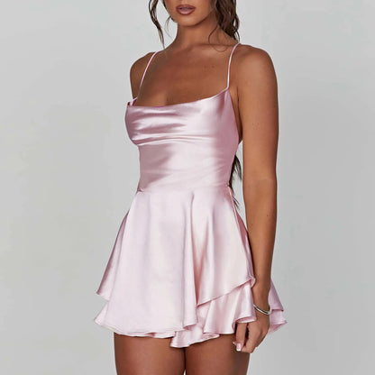 Women Sleeveless Satin Playsuits Fashion Summer Short Sling Backless Jumpsuits Cross Tie-Up Bandage Romper Streetwear Outfit