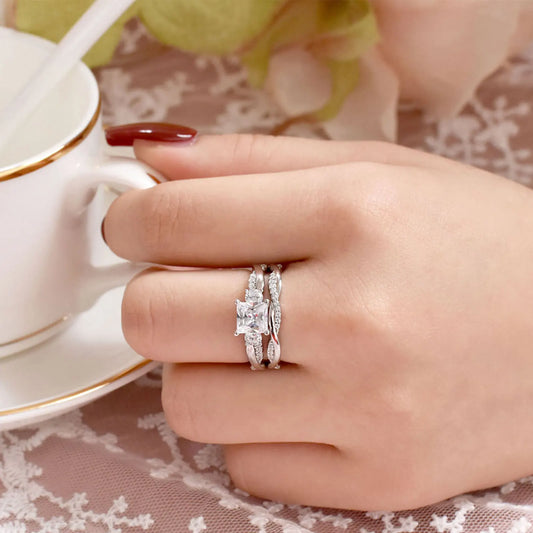 Newshe 925 Sterling Silver Moissanite/Zircons Princess Cut Eternity Engagement Rings Twist Wedding Band Bridal Sets