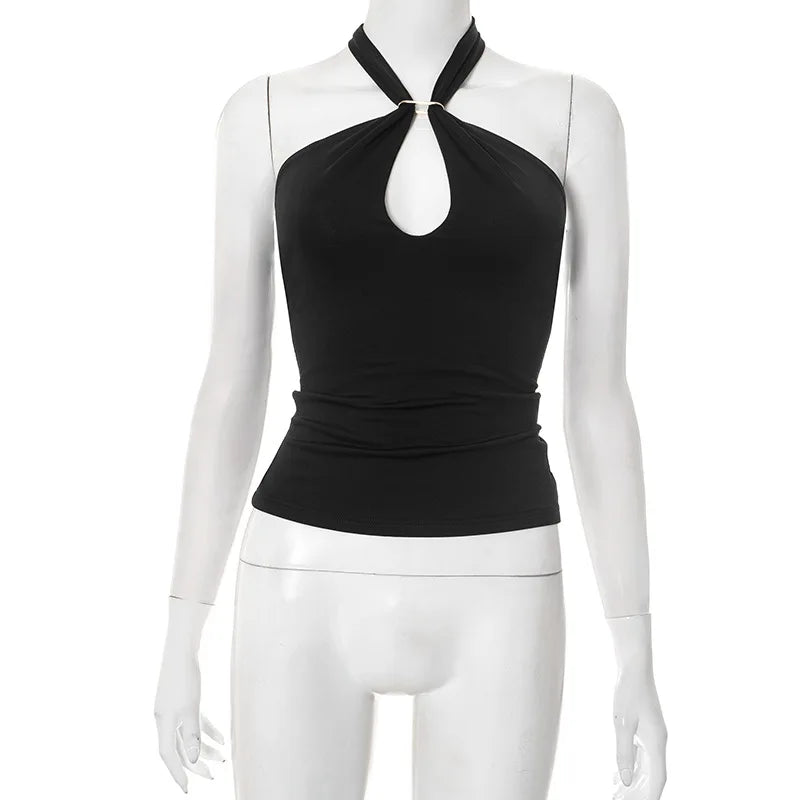 Women'S Solid Color Hanging Neck Tie Hollow Out Metal Ring Strapless Backless Tank Top Summer New Fashion Street Tank