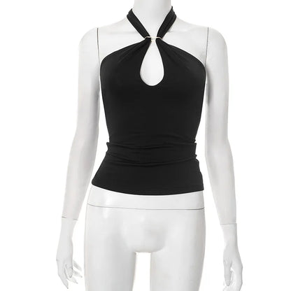 Women'S Solid Color Hanging Neck Tie Hollow Out Metal Ring Strapless Backless Tank Top Summer New Fashion Street Tank