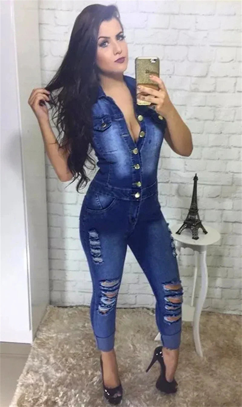 Streetwear Ripped Jeans Jumpsuit Women Summer Clothes Women 2024 Sleeveless Catsuits Denim Rompers Playsuits One Pieces Overalls