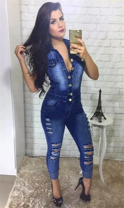 Streetwear Ripped Jeans Jumpsuit Women Summer Clothes Women 2024 Sleeveless Catsuits Denim Rompers Playsuits One Pieces Overalls