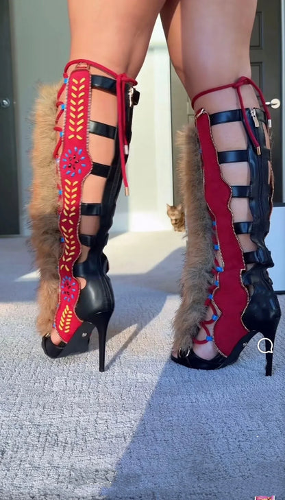 Thin High Heel Peep Toe Design Fluffy Sandals Women Fashion Strap Ankle Feather Sandals Zip Summer Show New Shoes Embroidery