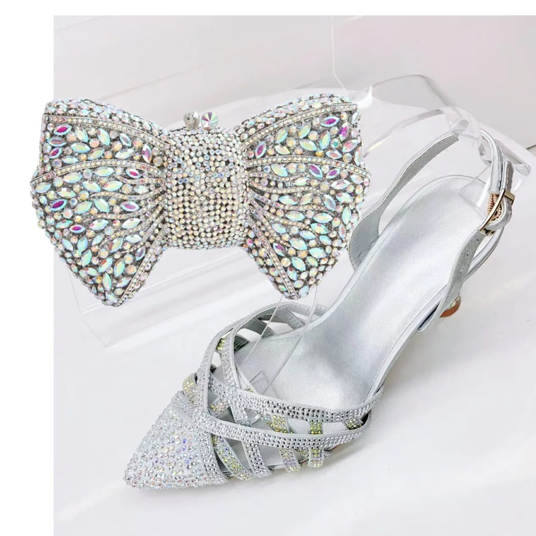 Insightlink Green Crystal High Heel with Bag Set for Bridal Wedding Party Designer Pointed Toe and Clutch Luxury Sandal Handbag