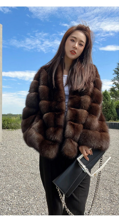 Lautaro Autumn Winter Elegant Luxury Chic Thick Warm Striped Hairy Faux Sable Fur Coat Women V Neck High Quality Fluffy Jacket